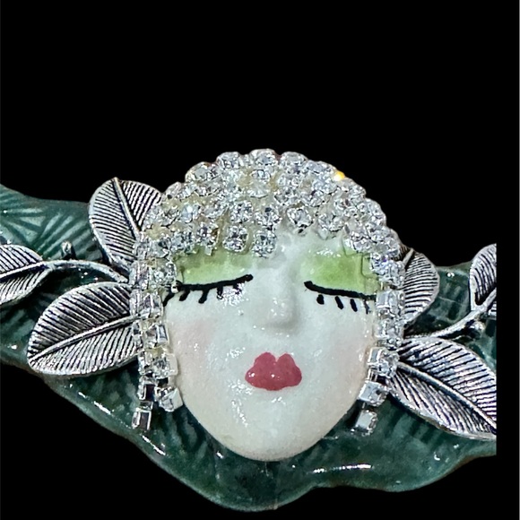 Signed Hand-Painted Art Deco Porcelain Necklace w/ Rhinestones & Beads. RARE - Picture 4 of 9